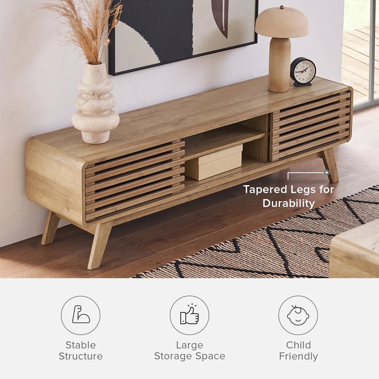 Ensley 59" Low Mid-Century Modern TV Stand Console for TV under 70", Oak