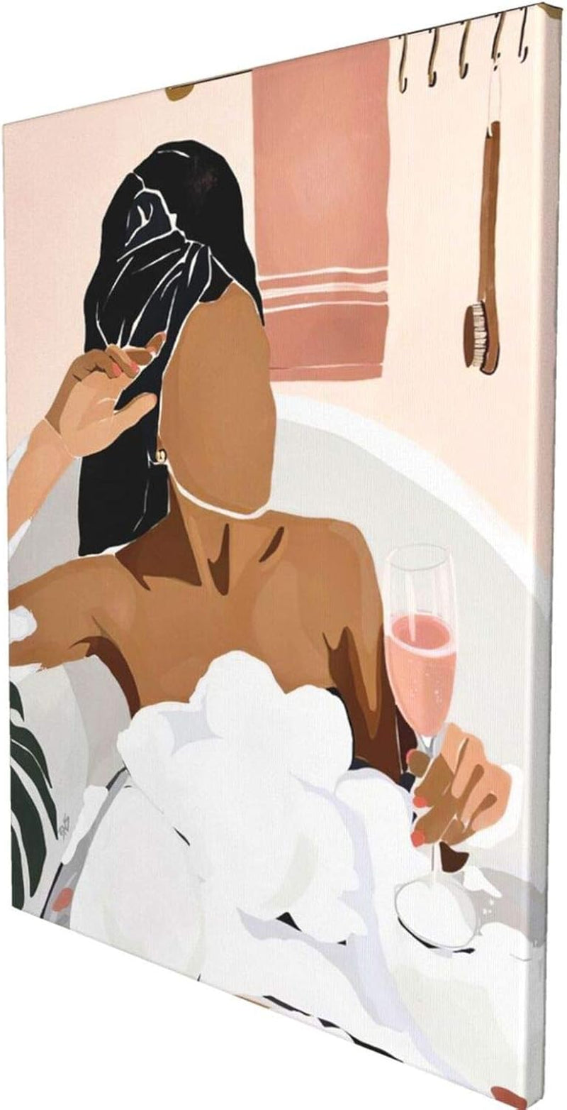 African American Black Wall Art Relaxing Black Women in Bathtub Decor Wall Art Colorful Design Modern Minimalist Painting Artwork Large Giclee Framed Wall Decor for Bathroom Ready to Hang 16X20 Inches