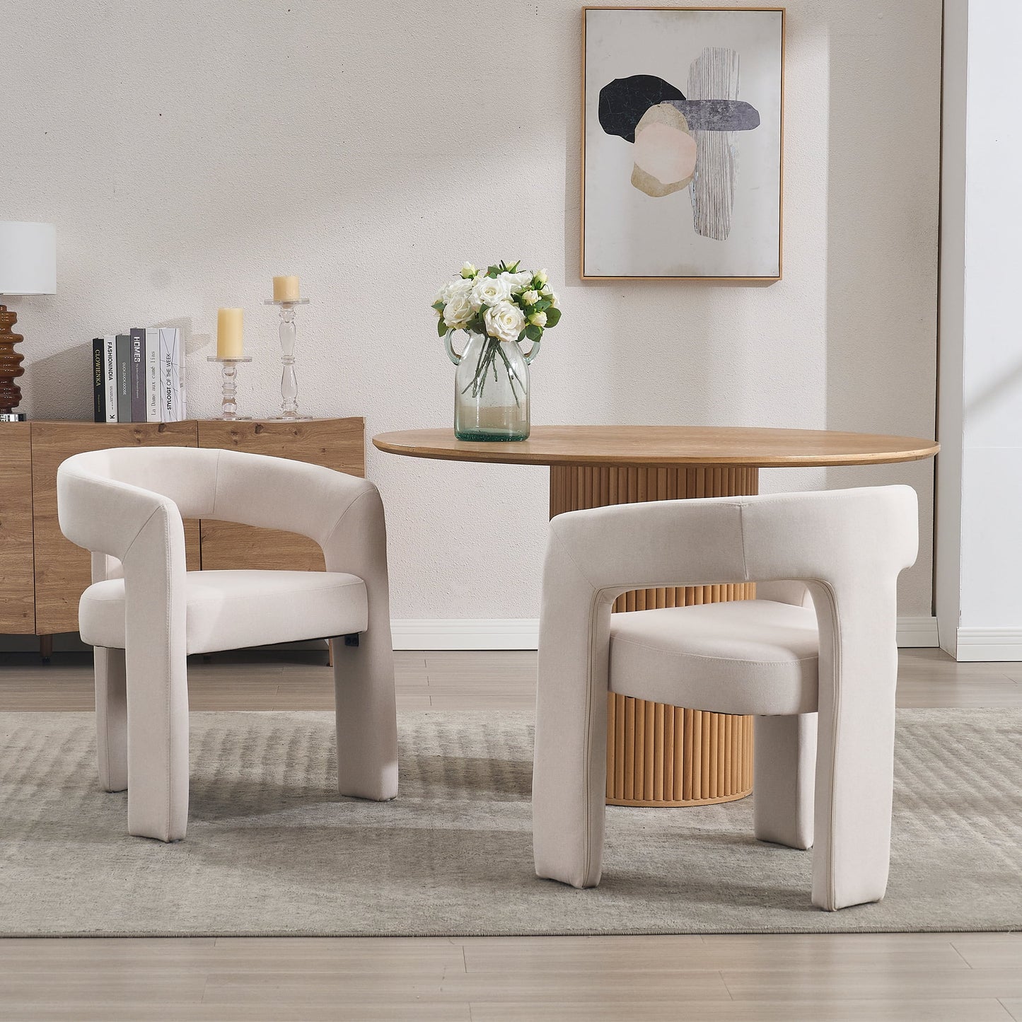 Modern Linen Upholstered Dining Chair, Cute Barrel Side Armchair Kitchen Chair with Armrests and Back for Living Room Dining Room Bedroom, Ivory