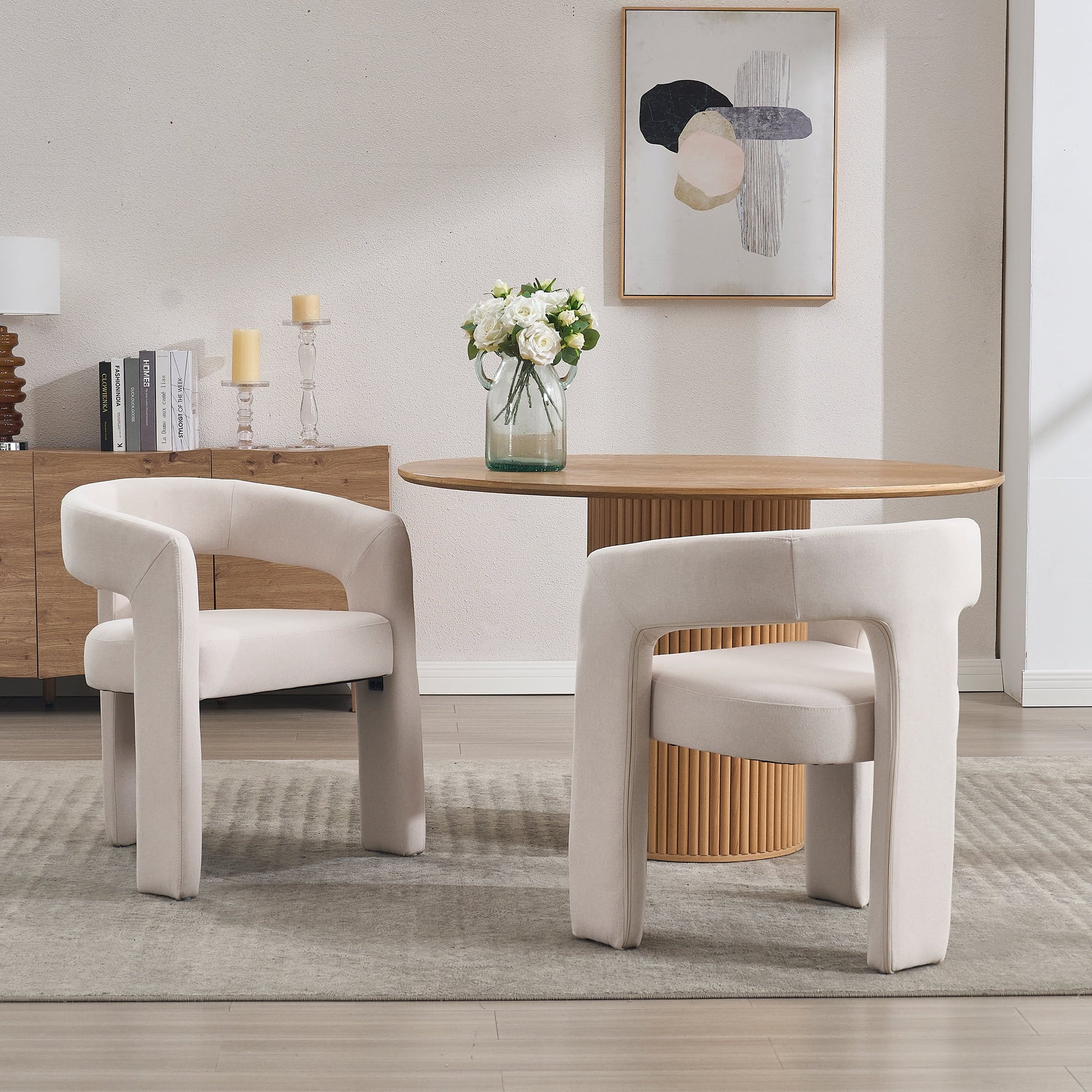 Modern Linen Upholstered Dining Chair, Cute Barrel Side Armchair Kitchen Chair with Armrests and Back for Living Room Dining Room Bedroom, Ivory