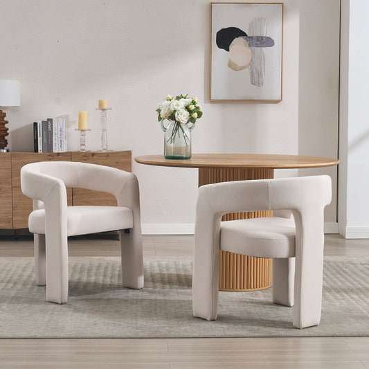 Modern Linen Upholstered Dining Chair, Cute Barrel Side Armchair Kitchen Chair with Armrests and Back for Living Room Dining Room Bedroom, Ivory
