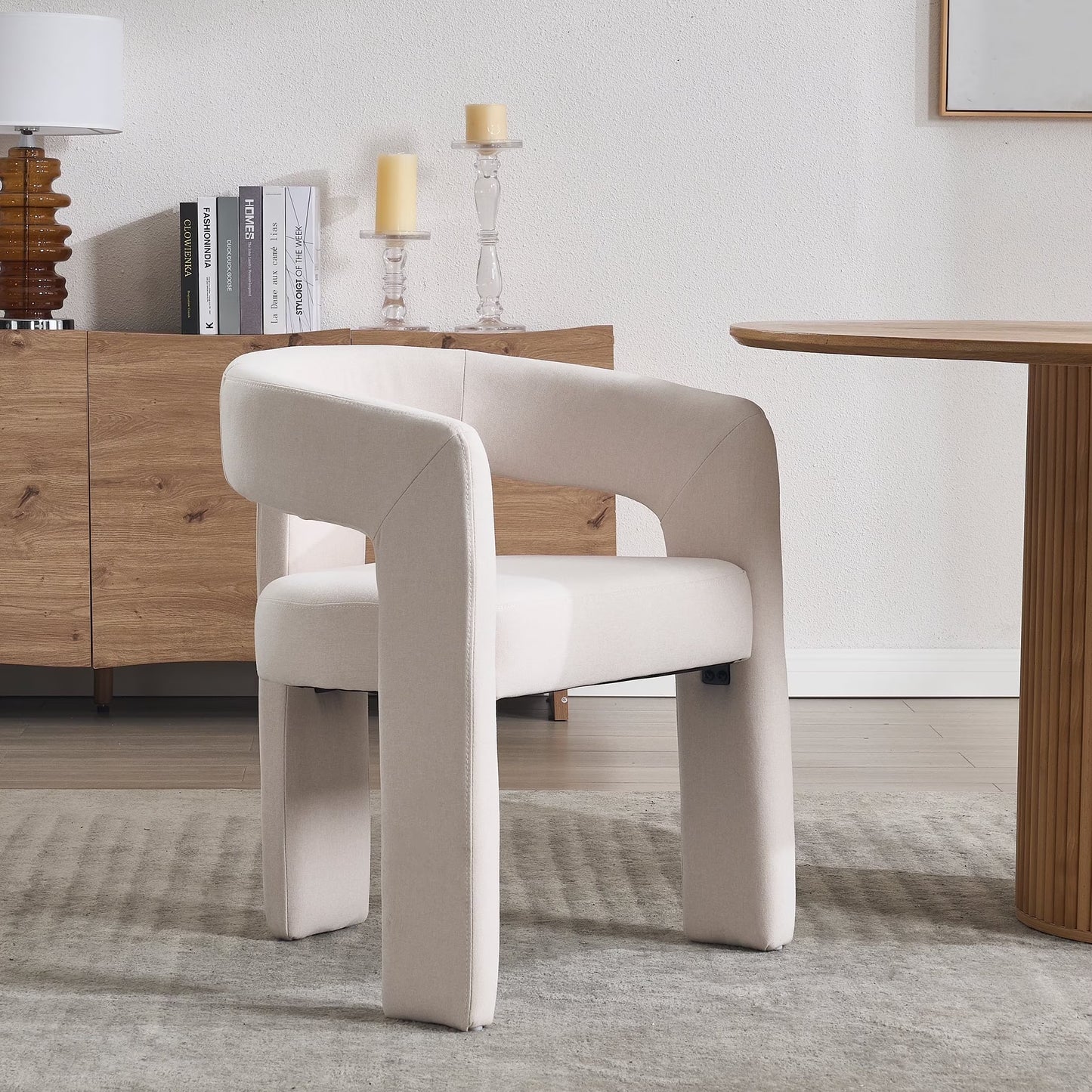 Modern Linen Upholstered Dining Chair, Cute Barrel Side Armchair Kitchen Chair with Armrests and Back for Living Room Dining Room Bedroom, Ivory