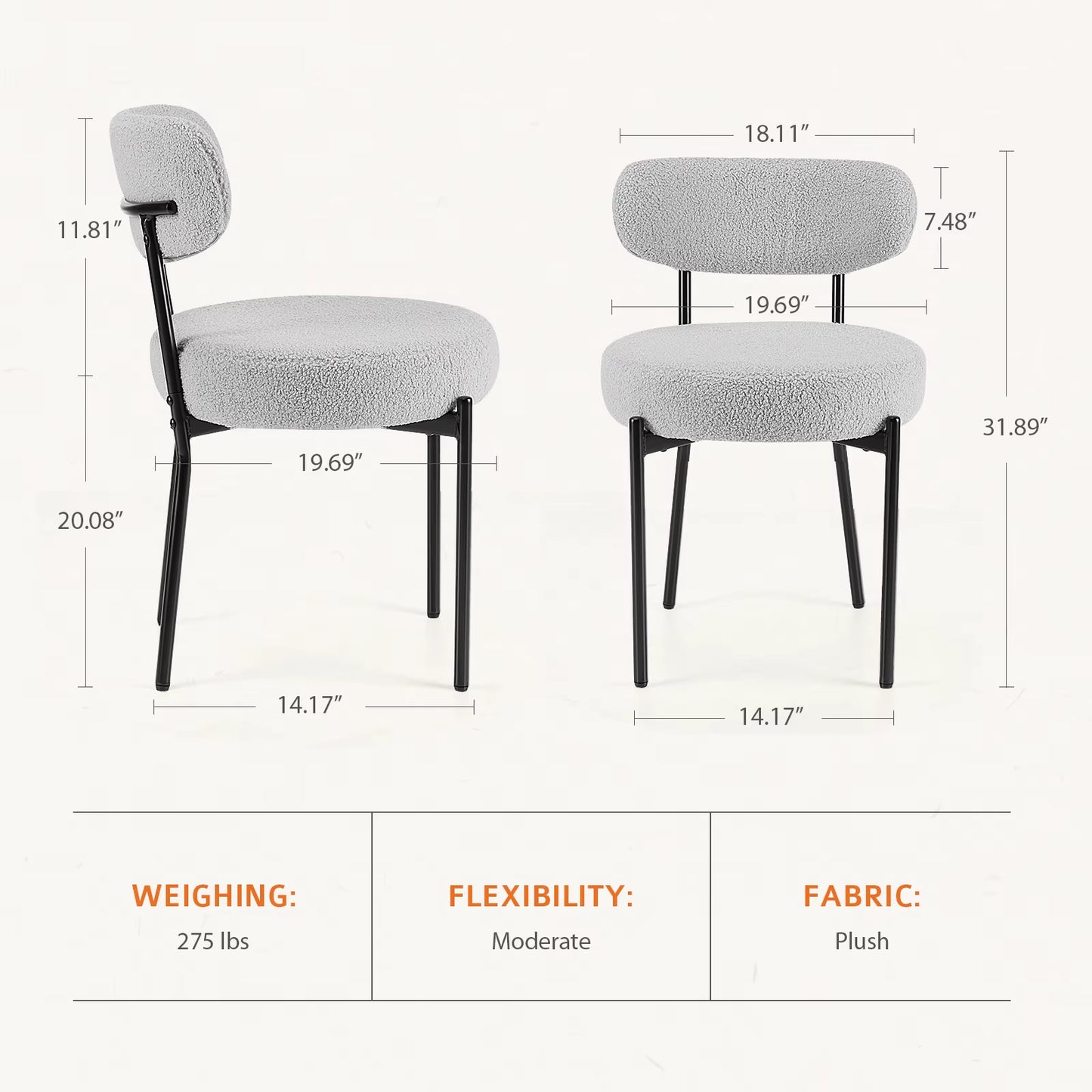 Ergonomic round Dining Chairs Set of 2 Plush Fabric Kitchen Chairs with Curved Backrest Metal Legs for Living Room