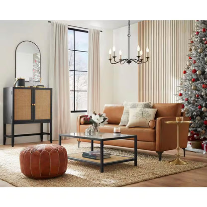 Goodwin 75.6 In. Square Arm Faux Leather Mid-Century Modern Sofa with Bolster Pillows in Caramel Brown