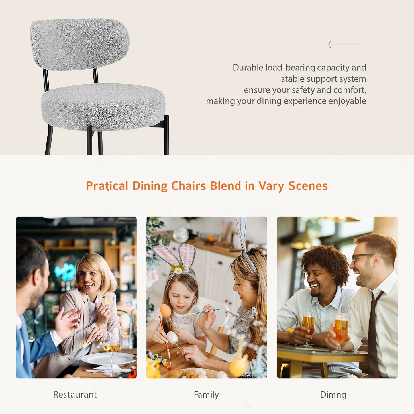 Ergonomic round Dining Chairs Set of 2 Plush Fabric Kitchen Chairs with Curved Backrest Metal Legs for Living Room