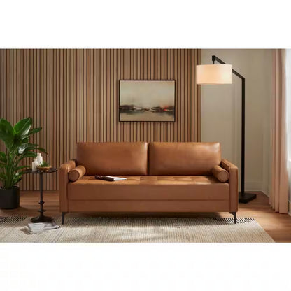Goodwin 75.6 In. Square Arm Faux Leather Mid-Century Modern Sofa with Bolster Pillows in Caramel Brown