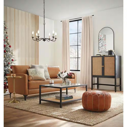 Goodwin 75.6 In. Square Arm Faux Leather Mid-Century Modern Sofa with Bolster Pillows in Caramel Brown