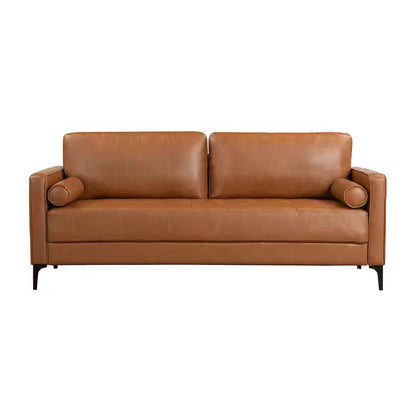 Goodwin 75.6 In. Square Arm Faux Leather Mid-Century Modern Sofa with Bolster Pillows in Caramel Brown